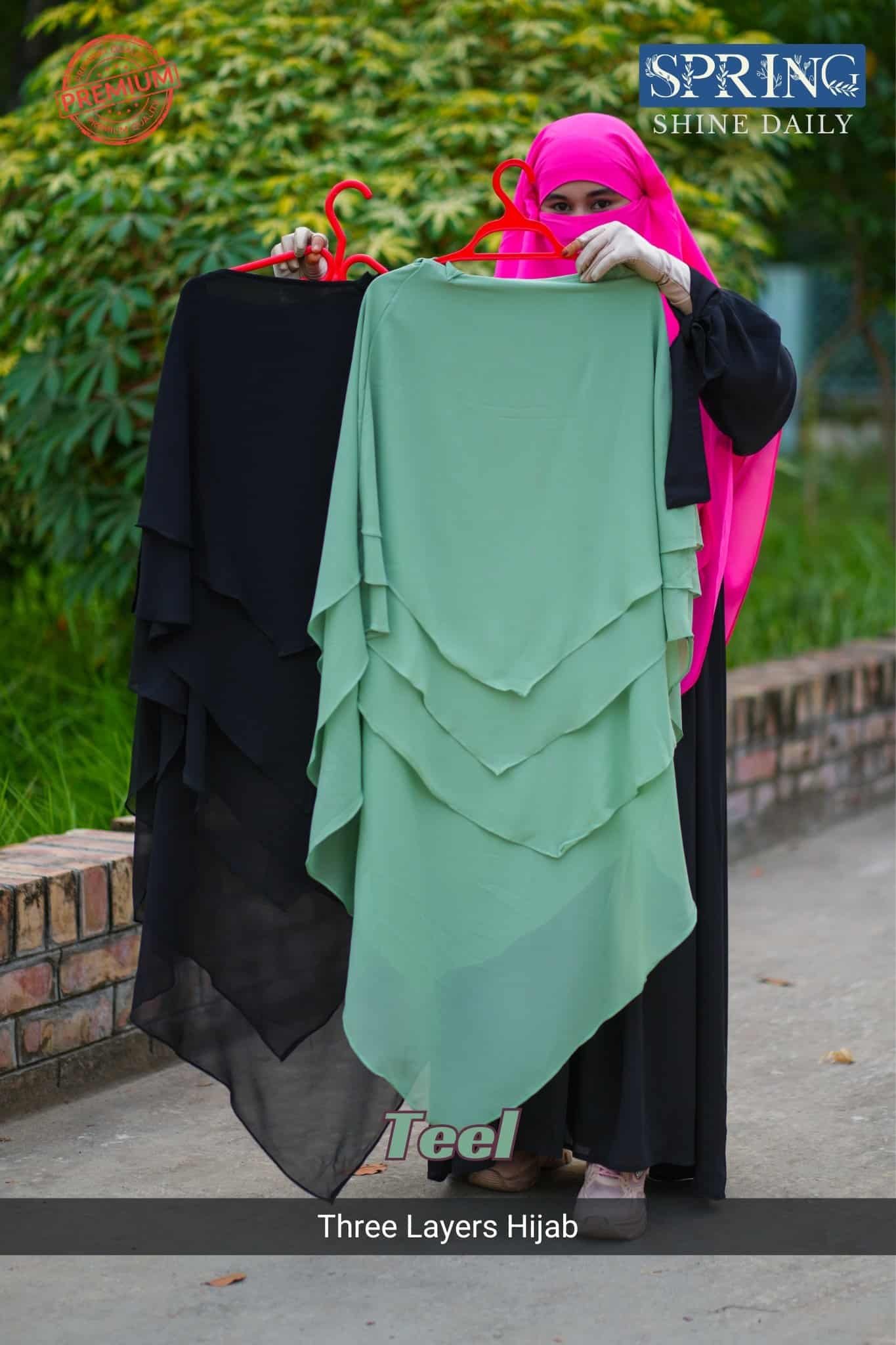 1 Black and green layered hijab, modest fashion, womenโs Islamic clothing, spring collection, premium quality hijab.