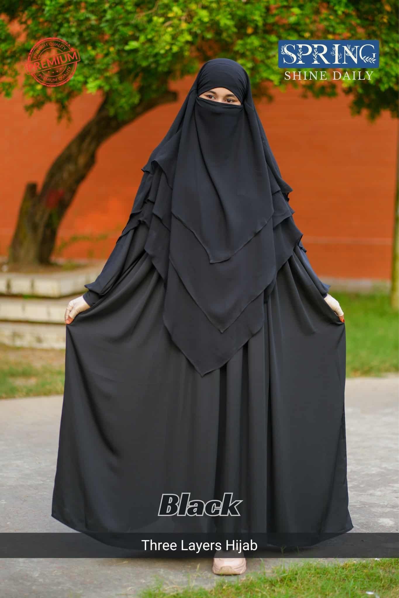 2 Black layered hijab, fashionable Muslim modest clothing, Spring collection 2023, style and comfort.