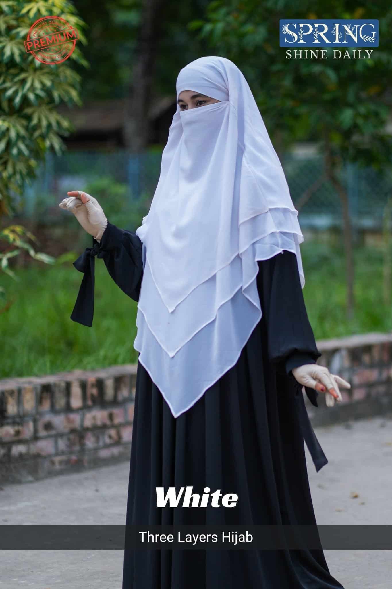 3 Elegant white three-layer hijab for modest fashion, premium quality, stylish Muslim women's head covering.