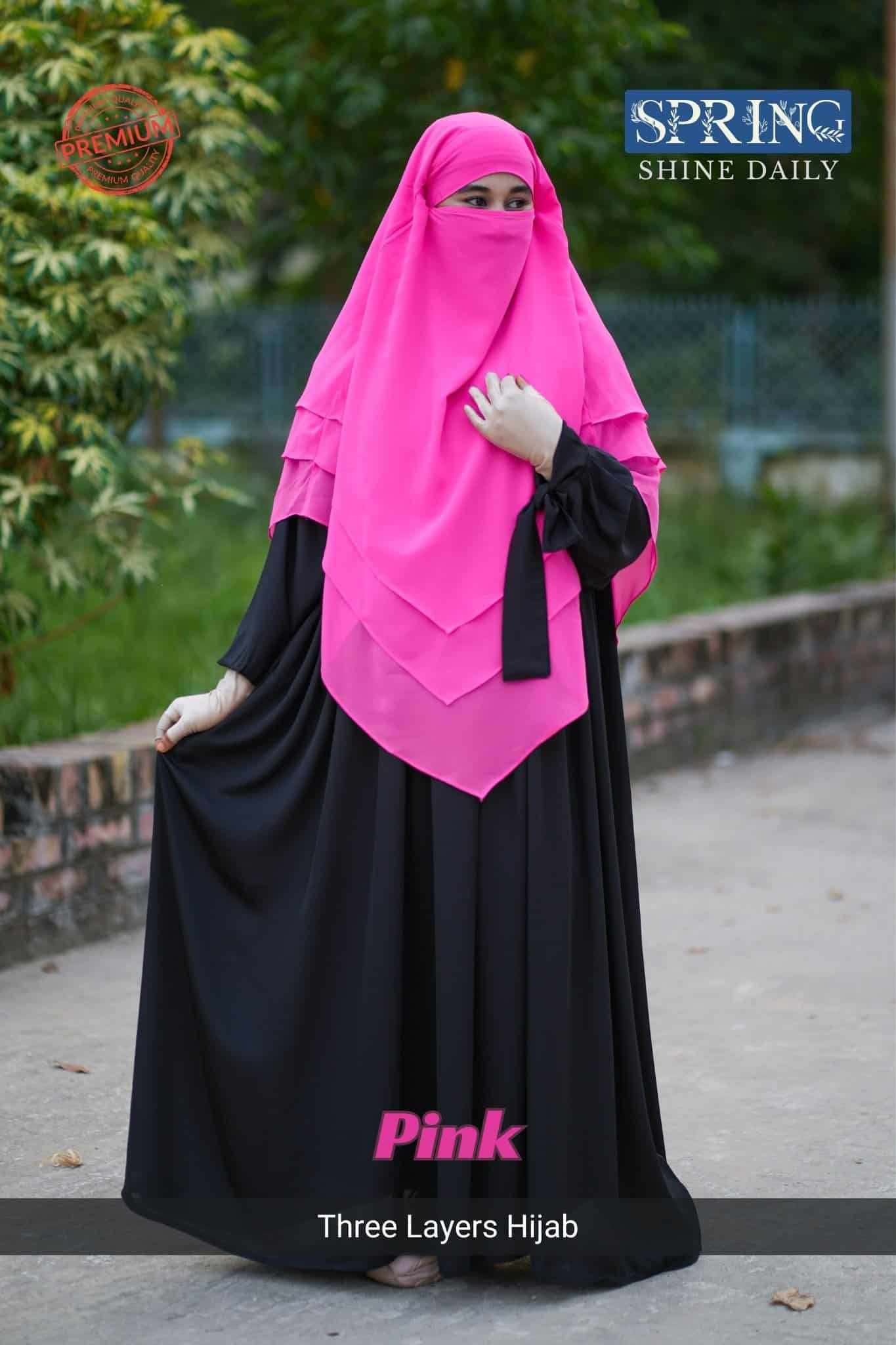 4 Bright pink three layers hijab for women, stylish Muslim modest fashion from Spring.