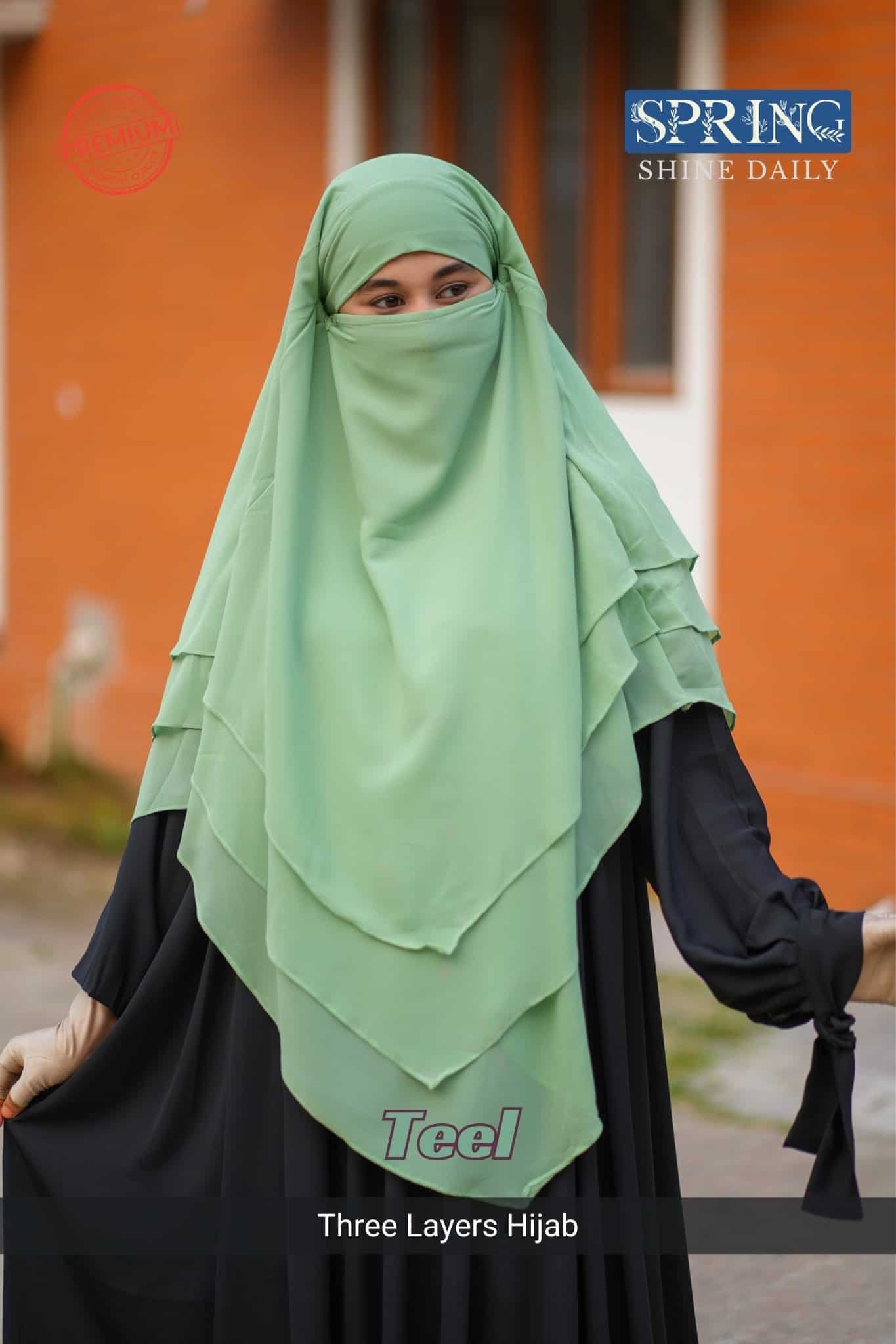 5 Soft green three layers hijab for women, stylish modest fashion, spring season accessory.