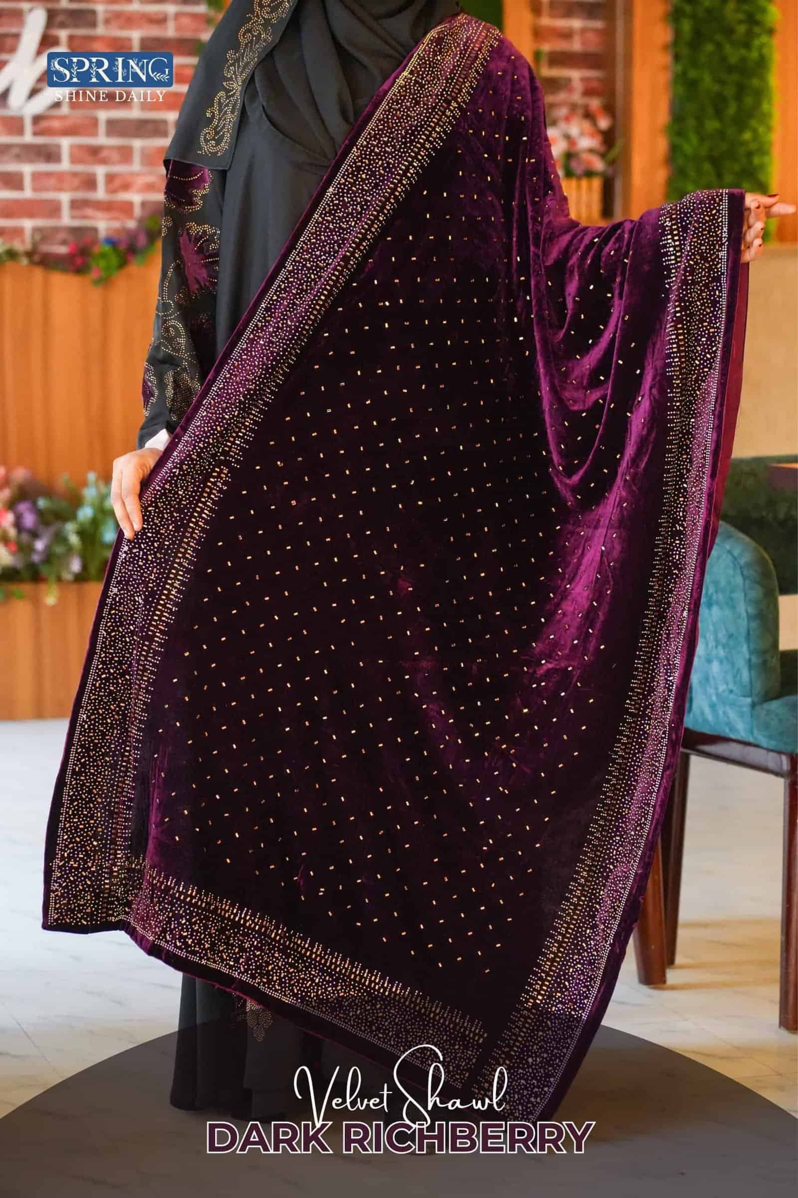 Luxurious dark richberry velvet shawl with intricate gold and pink embellishments, perfect for elegant winter wear.